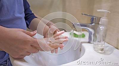 Mother Instructs Her Son How To Wash Careful His Hands Stock Photo