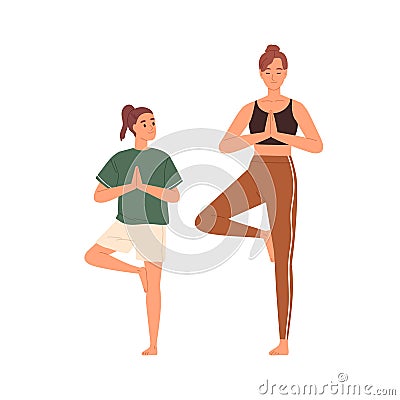 Mother and kid practicing yoga exercises. Mom and child doing asana, standing in Tree Pose together. Parent and daughter Vector Illustration