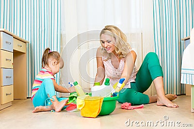 Mother and kid ready to room cleaning Stock Photo