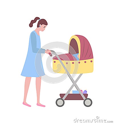 Woman Walking with Child Sleeping in Perambulator Vector Illustration