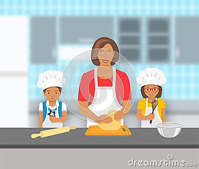 Mother with kids bake together at a kitchen Vector Illustration