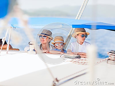 Mother and kids at luxury yacht Stock Photo