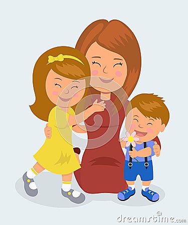 Mother kneeling hugging her daughter and son. The concept of love of mothers for their children Vector Illustration