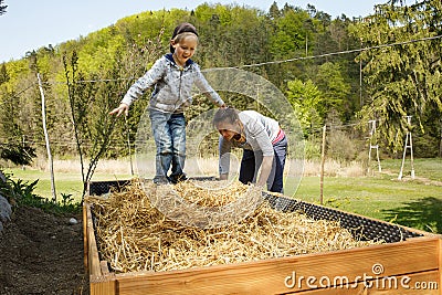 Mother layering straw mulch in a raised garden bed while her son is having fun Stock Photo