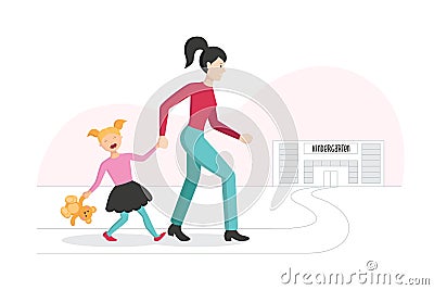 Mother leads her daughter to kindergarten, the child rests and does not want to go Vector Illustration