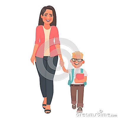 Mother leads her son to first grade. Mom and schoolboy going are holding hands. Back to school Cartoon Illustration