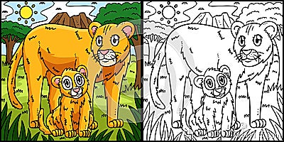 Mother Lion and Baby Lion Coloring Illustration Vector Illustration