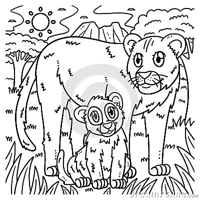 Mother Lion and Baby Lion Coloring Page for Kids Vector Illustration