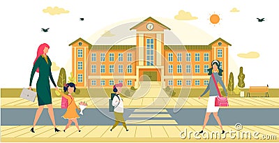 Mother and Little Daughter Go to School Together. Vector Illustration