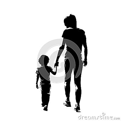 Mother with little kid walking and holding hands. Rear view, abstract isolated vector silhouette Vector Illustration