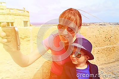 Mother and little son making selfie while travel Stock Photo