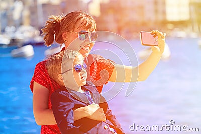 Mother and little son making selfie while travel Stock Photo