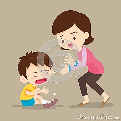 Mother looking at boy with wounds on his leg Vector Illustration