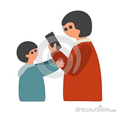 Mother looking at smartphone, small child trying to stop her. Vector Illustration