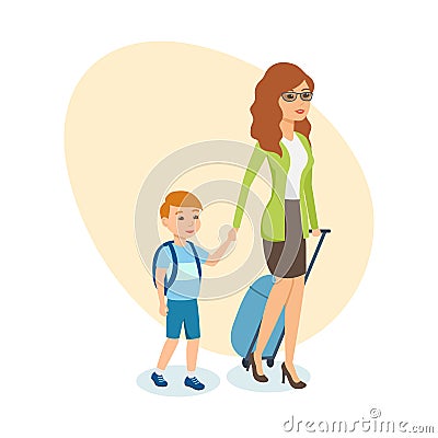 Mother with luggage in hand, walks next to her son. Vector Illustration