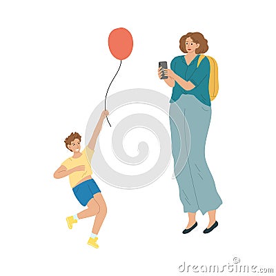 Mother making photo of her smiling son with balloon during summer festival Vector Illustration