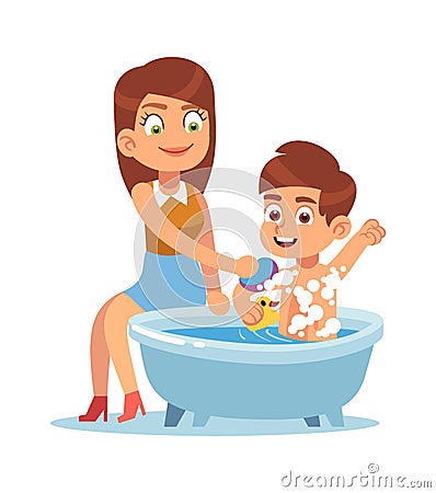 Daily mother. Mom bathes the child, mother helps boy take water treatments, washes with shampoo foam, kid every day Vector Illustration