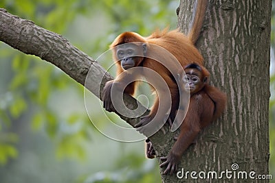 mother monkey climbing tree, with infant riding on her back Stock Photo