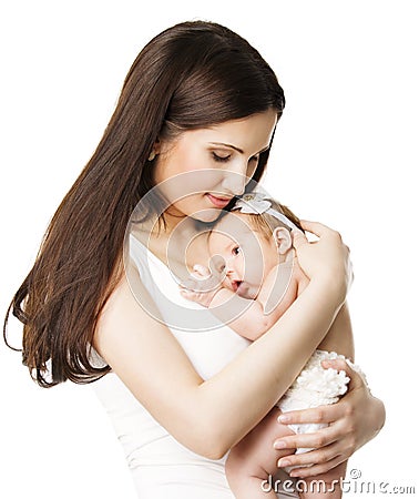 Mother Newborn Baby Family Portrait, Mom Embracing New Born Kid Stock Photo