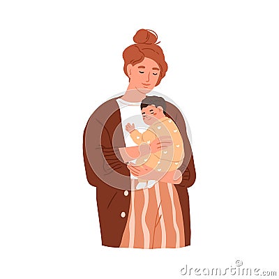 Mother and newborn baby in hands. Young mom holding and hugging calm child. Happy peaceful woman and infant portrait Vector Illustration