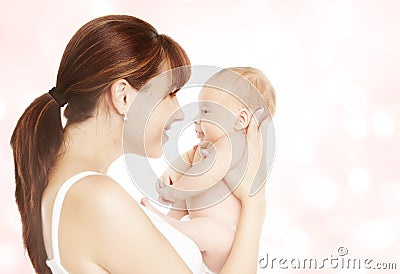 Mother and Newborn Baby, Mom Looking to New Born Child Stock Photo