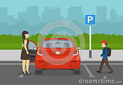 Mother opens car door while her son is coming. Back view of a red car on parking zone. Vector Illustration