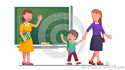 Mother picking up boy kid from school class Vector Illustration