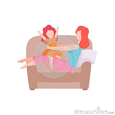 Mother Play with Her Little Daughter While Sitting on Sofa, Mom and Kid Spending Time Together at Home Vector Vector Illustration