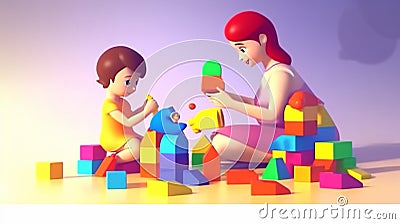 A mother is playing building blocks with her daughter Stock Photo