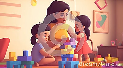 A mother is playing building blocks with her daughters Stock Photo