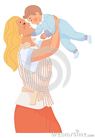 Mother playing with toddler. Happy woman with little baby Vector Illustration