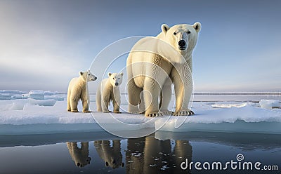 A mother polar bear and her twin cubs on the iceberg, generative AI Stock Photo