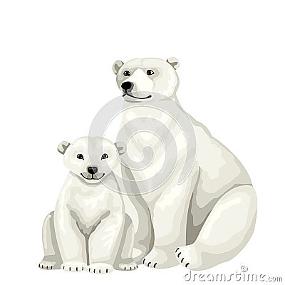 White bear with baby cub. Vector isolated characters on white background. Vector Illustration