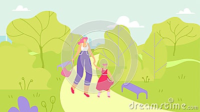 Mother and Preschooler Daughter Walking in Park Vector Illustration