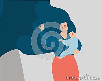 A mother protects her child from a man's shadow that threats him. Concept of family abuse. Vector Illustration