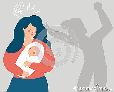 A mother protects her newborn baby from a man's shadow that threats him. Concept of family abuse, domestic violence. Vector Illustration