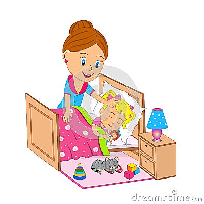 Mother puts daughter to sleep Vector Illustration