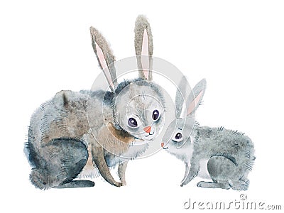 Mother rabbit and baby hand-drawn with aquarelle technique Stock Photo