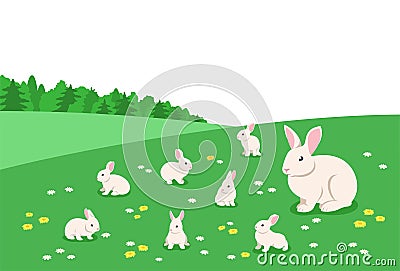 Mother rabbit with cute little bunnies in flower meadow flat cartoon illustration Vector Illustration
