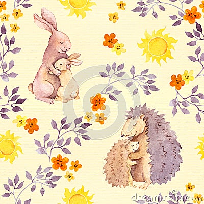 Mother rabbit and mommy hedgehog hug baby animal. Watercolor painted seamless pattern Stock Photo