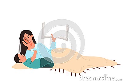 Mother reading book for a kid at bedtime. Woman telling tales Vector Illustration