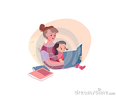 Mother reading a book for kid. Mom with daughter. Vector Illustration