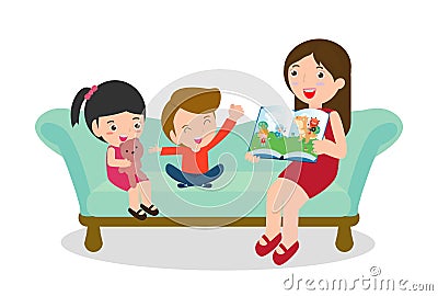 Mother reading fairy tales to her son and daughter, family, reading and telling book fairy tale story, Kids Listening to Their mom Vector Illustration