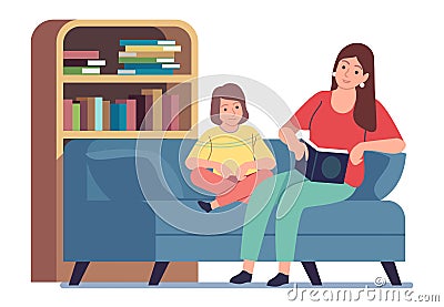 Mother reading to kid. Mom reading bedtime story book preparing child for sleep in bed, parent spending time together at Vector Illustration