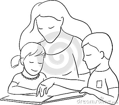 Mother reads book to the children Cartoon Illustration