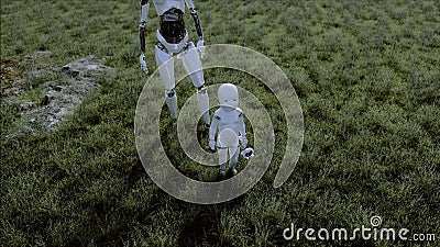 Mother robot with her baby robot in the meadow on the background of a futuristic city. Family of the future. Robofamily Stock Photo