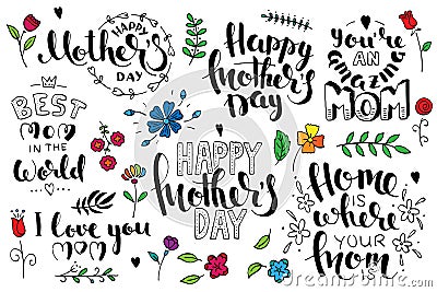 Mother`s day brush pen handwritten lettering set Vector Illustration