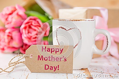 Mother`s day card with coffee, present Stock Photo
