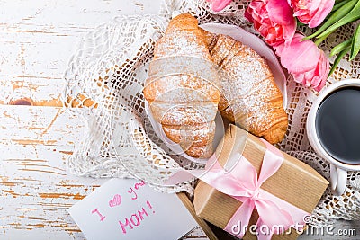 Mother`s day card with coffee, present Stock Photo