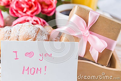 Mother`s day card with coffee, present Stock Photo